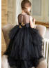 Black Asymmetrical Tulle Gold Butterflies Flower Girl Dress